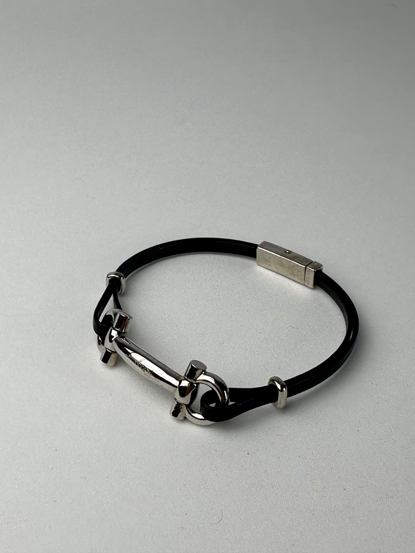 Vintage Salvatore Ferragamo Leather Steel Bracelet Black Silver