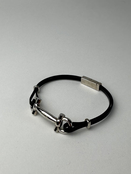 Vintage Salvatore Ferragamo Leather Steel Bracelet Black Silver