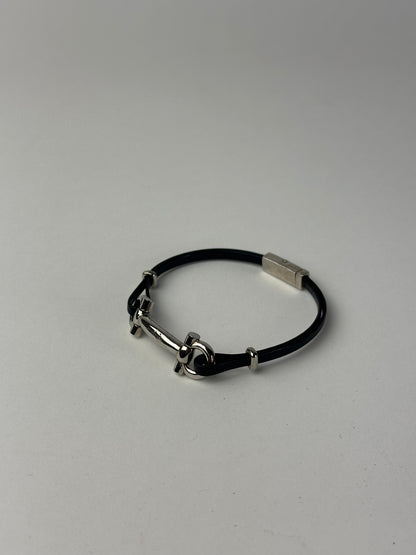 Vintage Salvatore Ferragamo Leather Steel Bracelet Black Silver