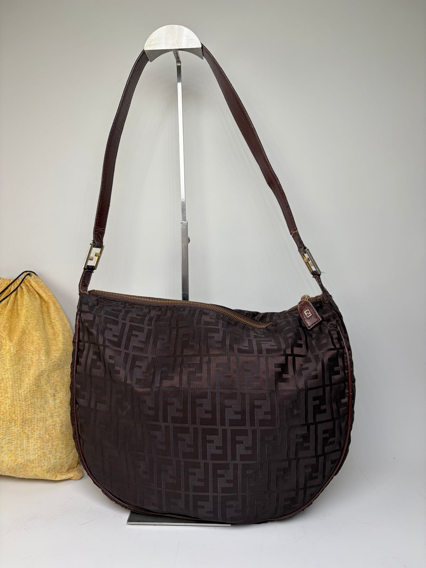 Vintage Fendi FF Monogram Shoulder Bag Dark Brown Gold