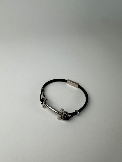 Vintage Salvatore Ferragamo Leather Steel Bracelet Black Silver