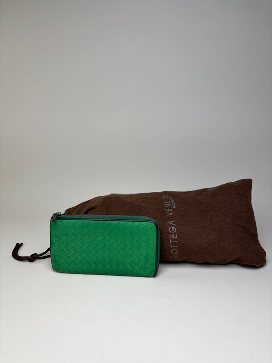 Vintage Bottega Veneta Intrecciato Woven Leather Wallet Emerald Green