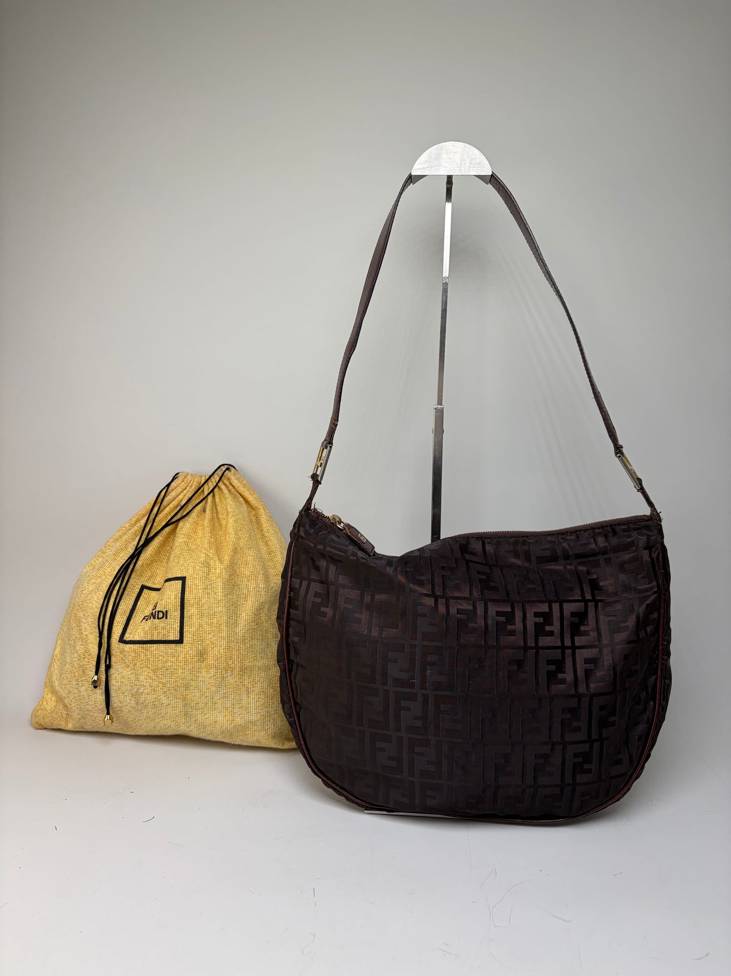 Vintage Fendi FF Monogram Shoulder Bag Dark Brown Gold