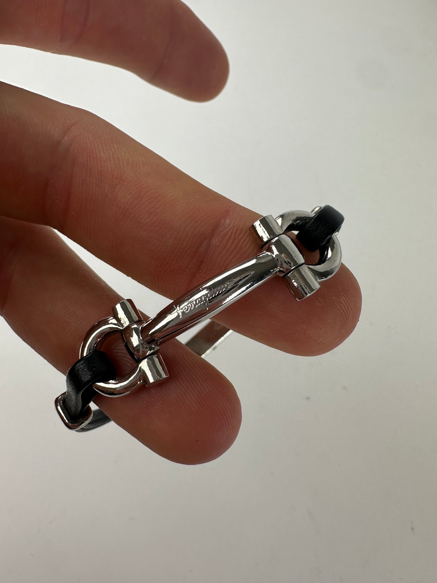 Vintage Salvatore Ferragamo Leather Steel Bracelet Black Silver