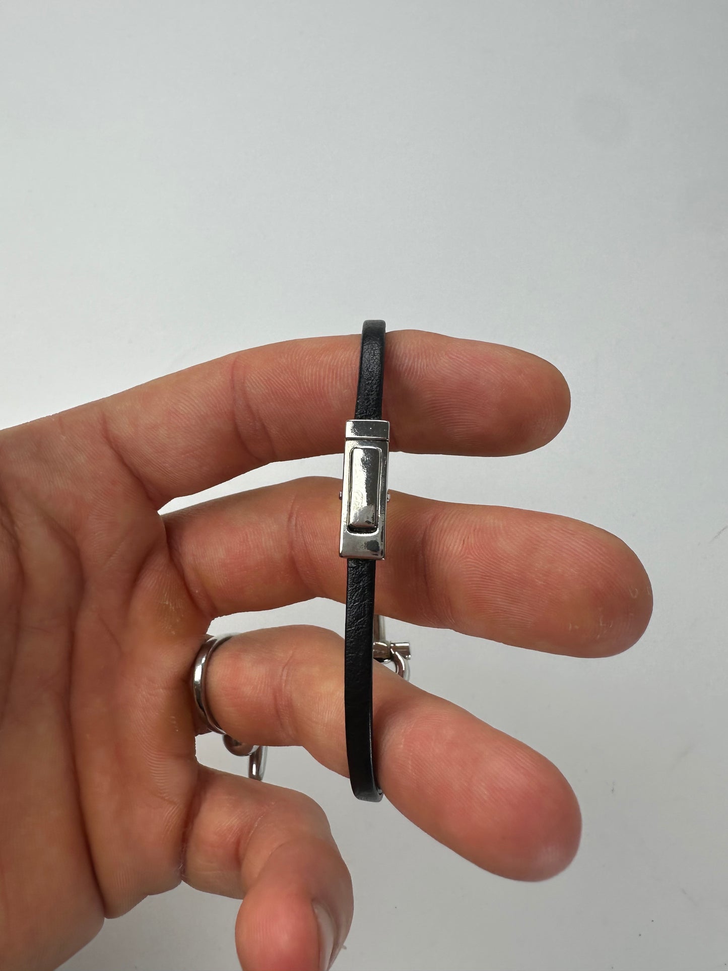 Vintage Salvatore Ferragamo Leather Steel Bracelet Black Silver