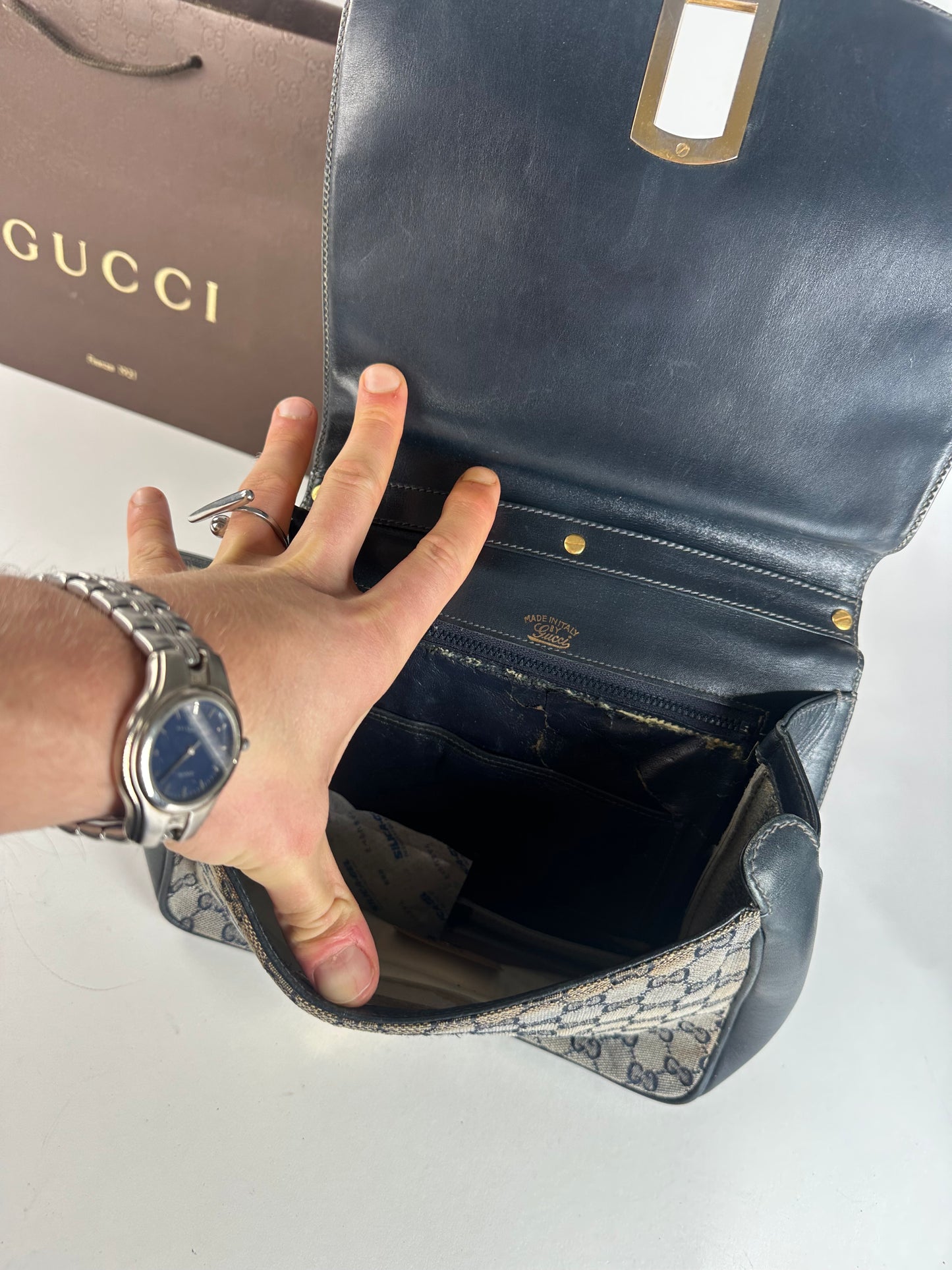 Vintage 80s Gucci Monogram Shoulder Bag Navy Grey