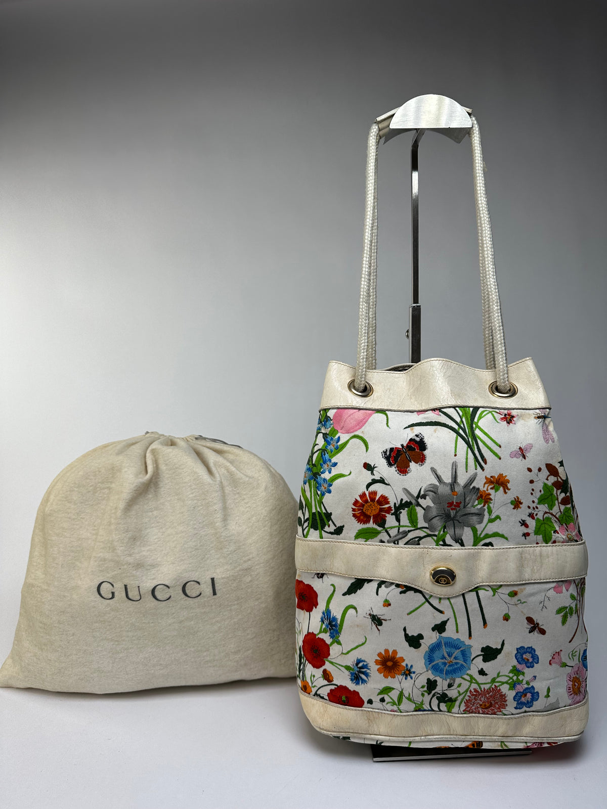 Vintage Gucci Flora Canvas Bucket Bag Late 1970s Cream Multicolor