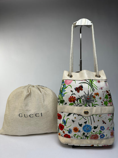 Vintage Gucci Flora Canvas Bucket Bag Late 1970s Cream Multicolor