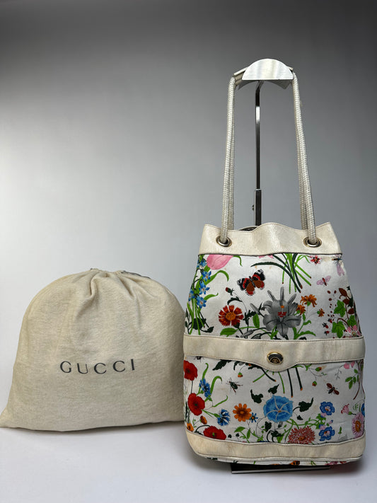 Vintage Gucci Flora Canvas Bucket Bag Late 1970s Cream Multicolor