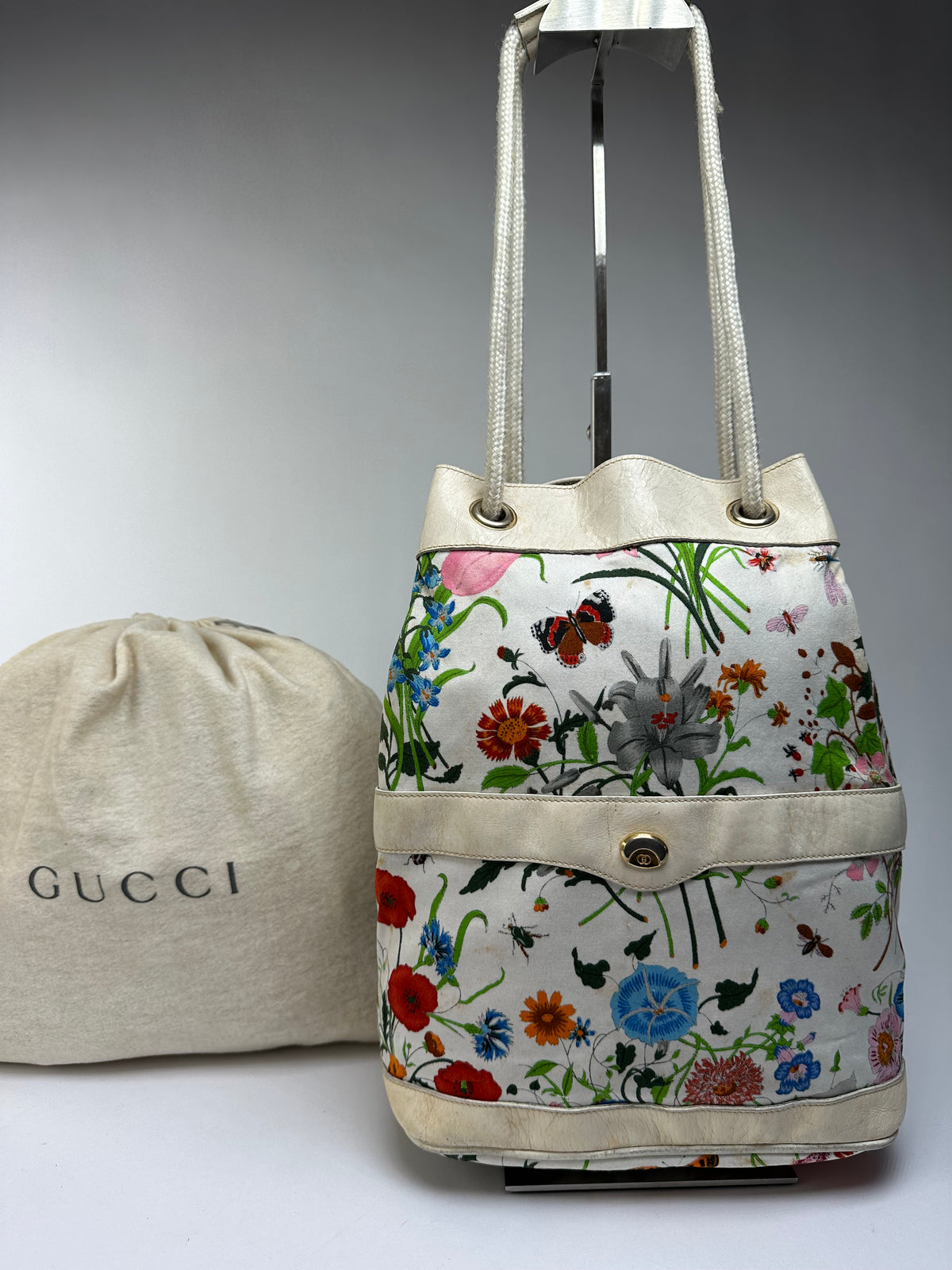 Vintage Gucci Flora Canvas Bucket Bag Late 1970s Cream Multicolor