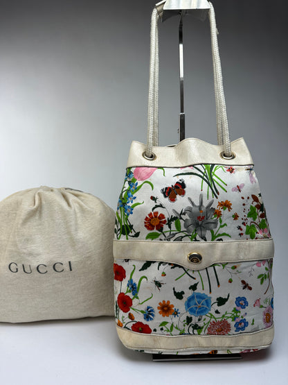 Vintage Gucci Flora Canvas Bucket Bag Late 1970s Cream Multicolor