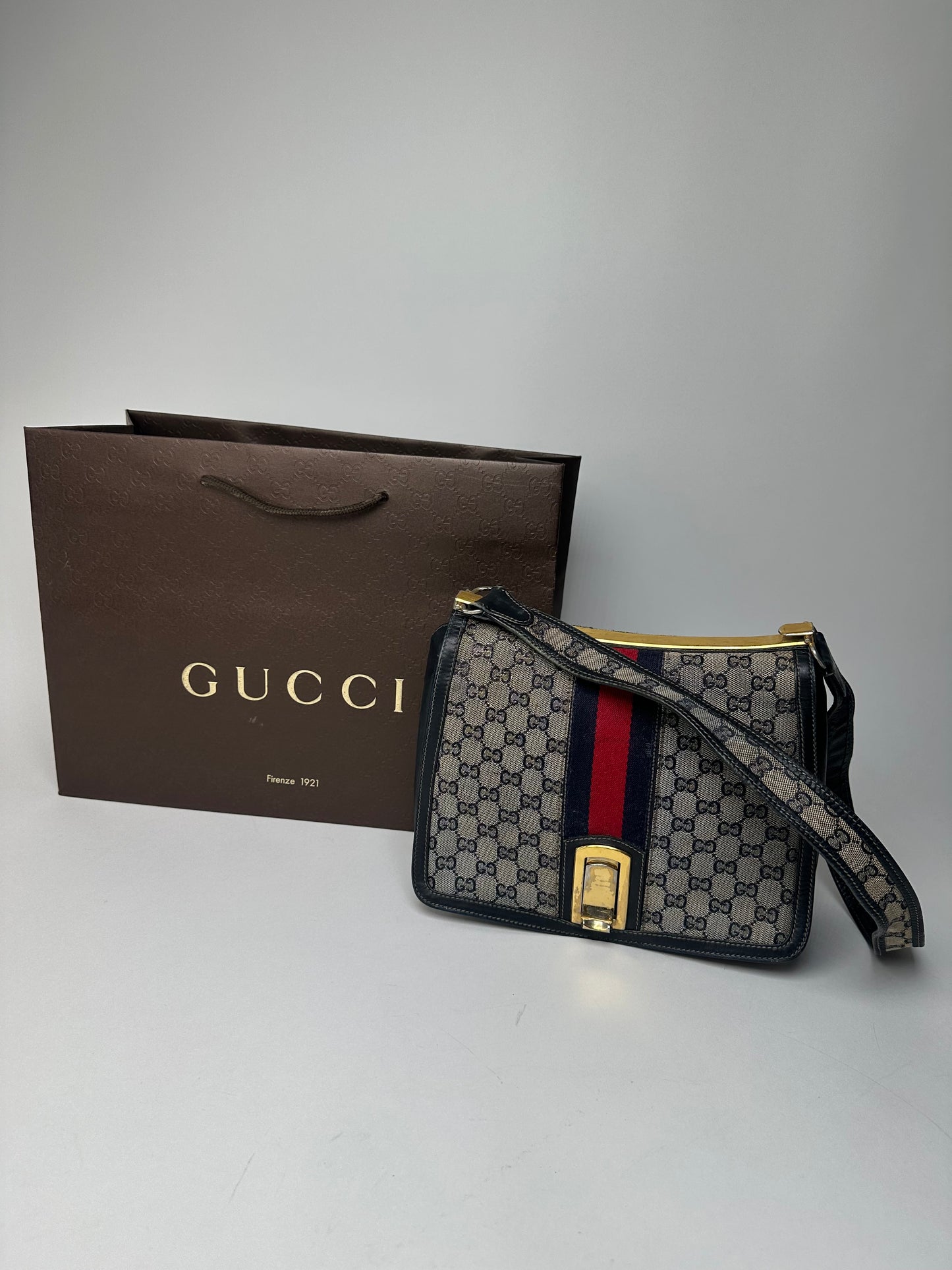 Vintage 80s Gucci Monogram Shoulder Bag Navy Grey