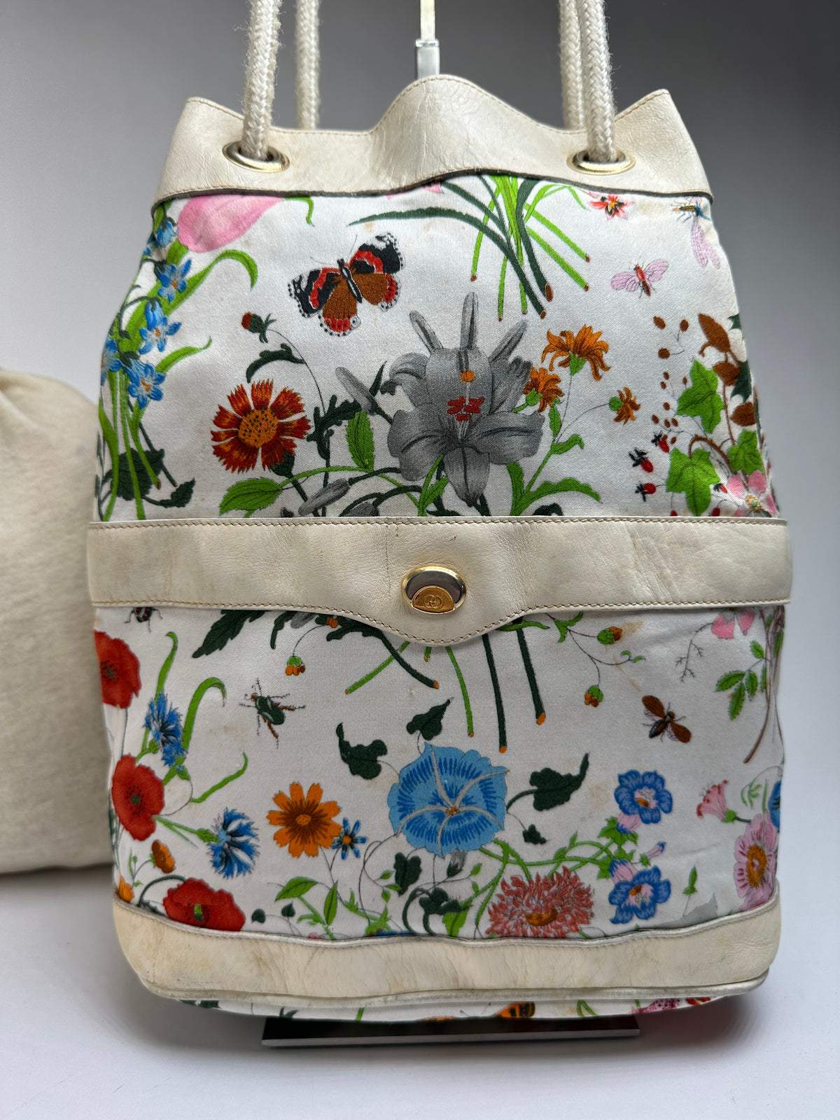 Vintage Gucci Flora Canvas Bucket Bag Late 1970s Cream Multicolor