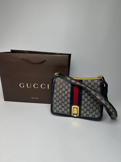 Vintage 80s Gucci Monogram Shoulder Bag Navy Grey