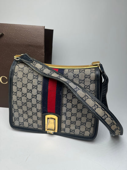 Vintage 80s Gucci Monogram Shoulder Bag Navy Grey