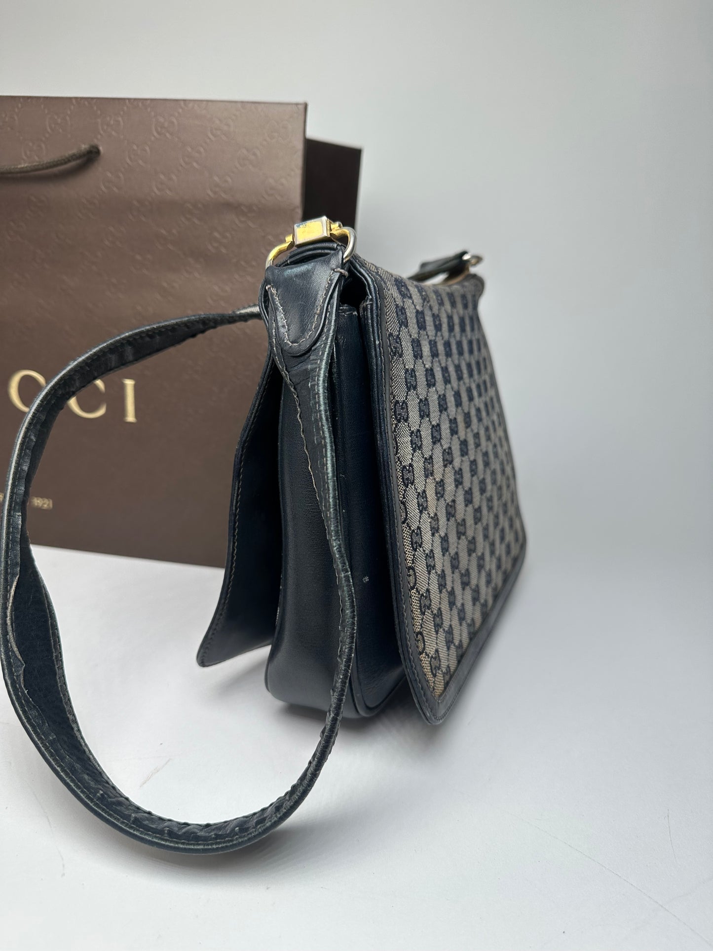 Vintage 80s Gucci Monogram Shoulder Bag Navy Grey