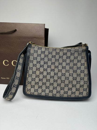 Vintage 80s Gucci Monogram Shoulder Bag Navy Grey