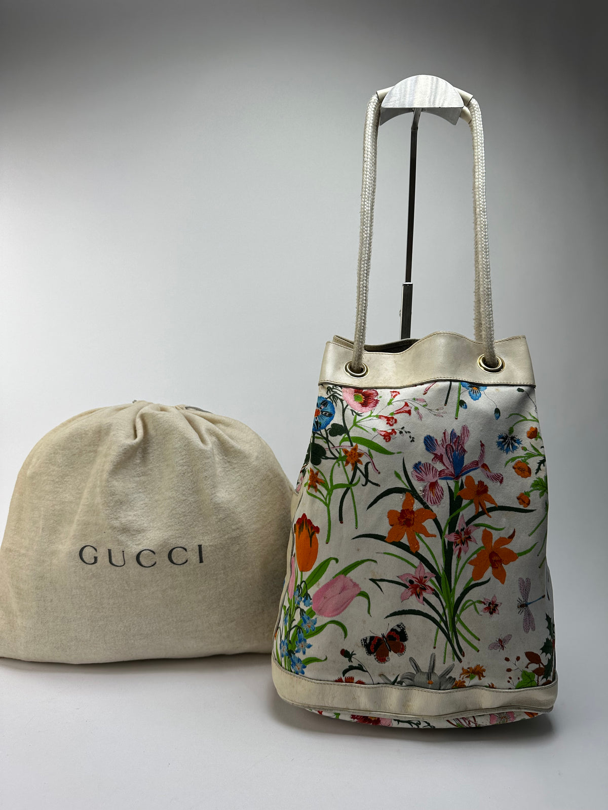 Vintage Gucci Flora Canvas Bucket Bag Late 1970s Cream Multicolor