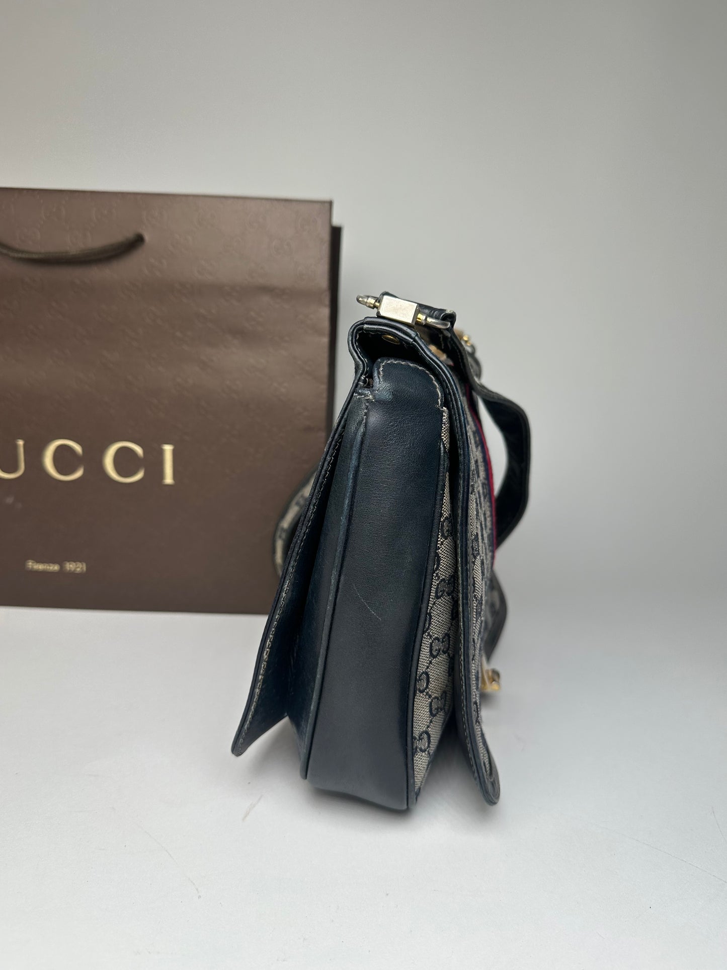 Vintage 80s Gucci Monogram Shoulder Bag Navy Grey