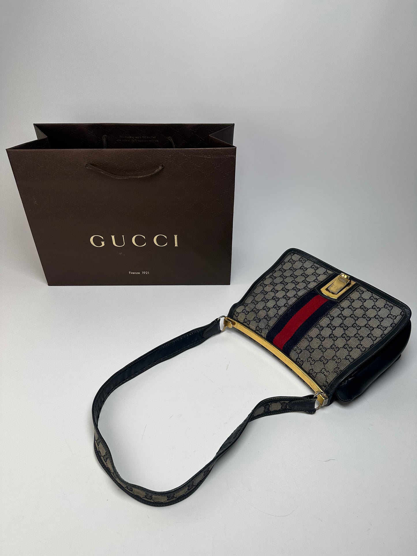 Vintage 80s Gucci Monogram Shoulder Bag Navy Grey