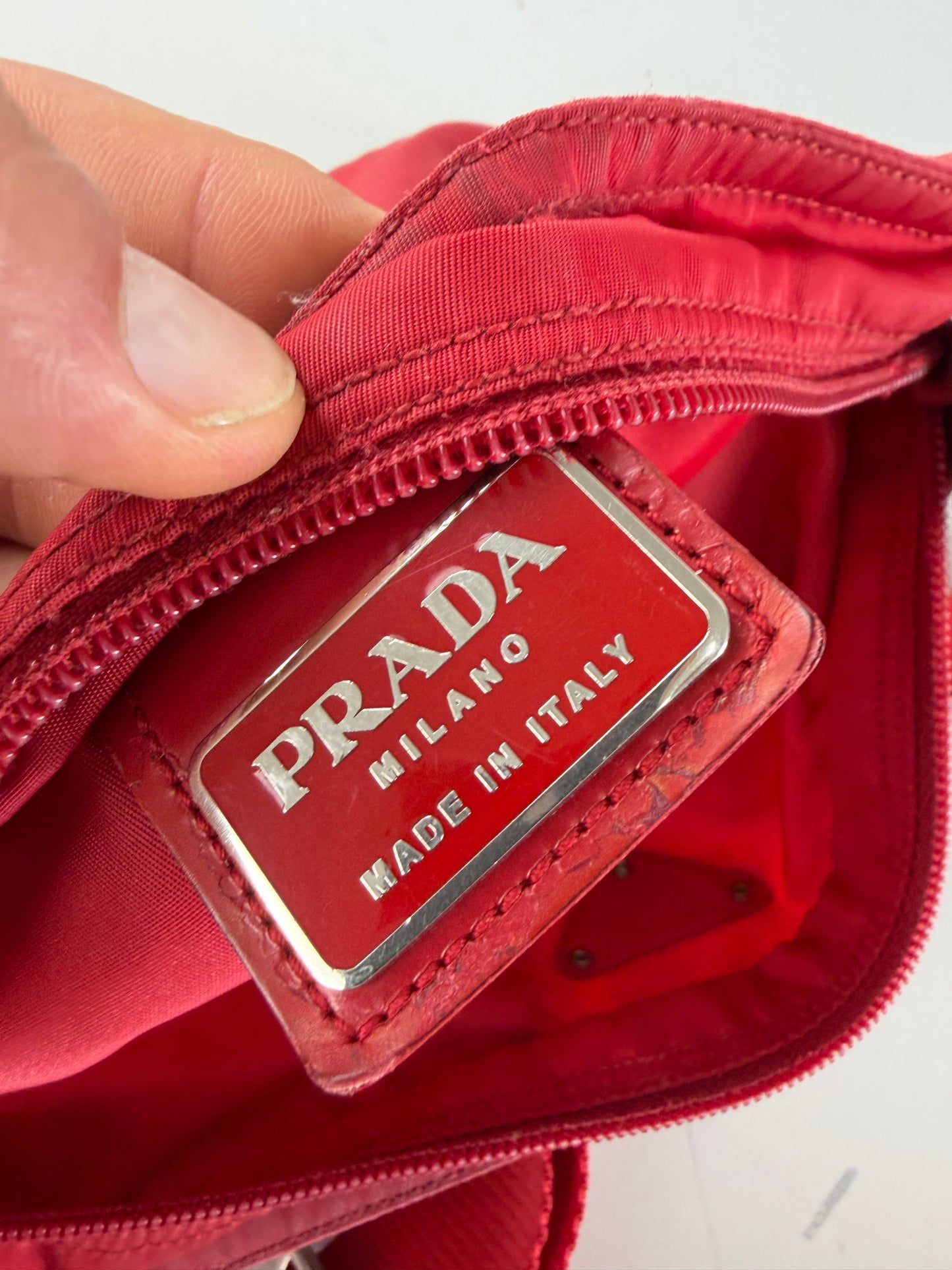Vintage Prada Nylon Shoulder Bag Red Silver