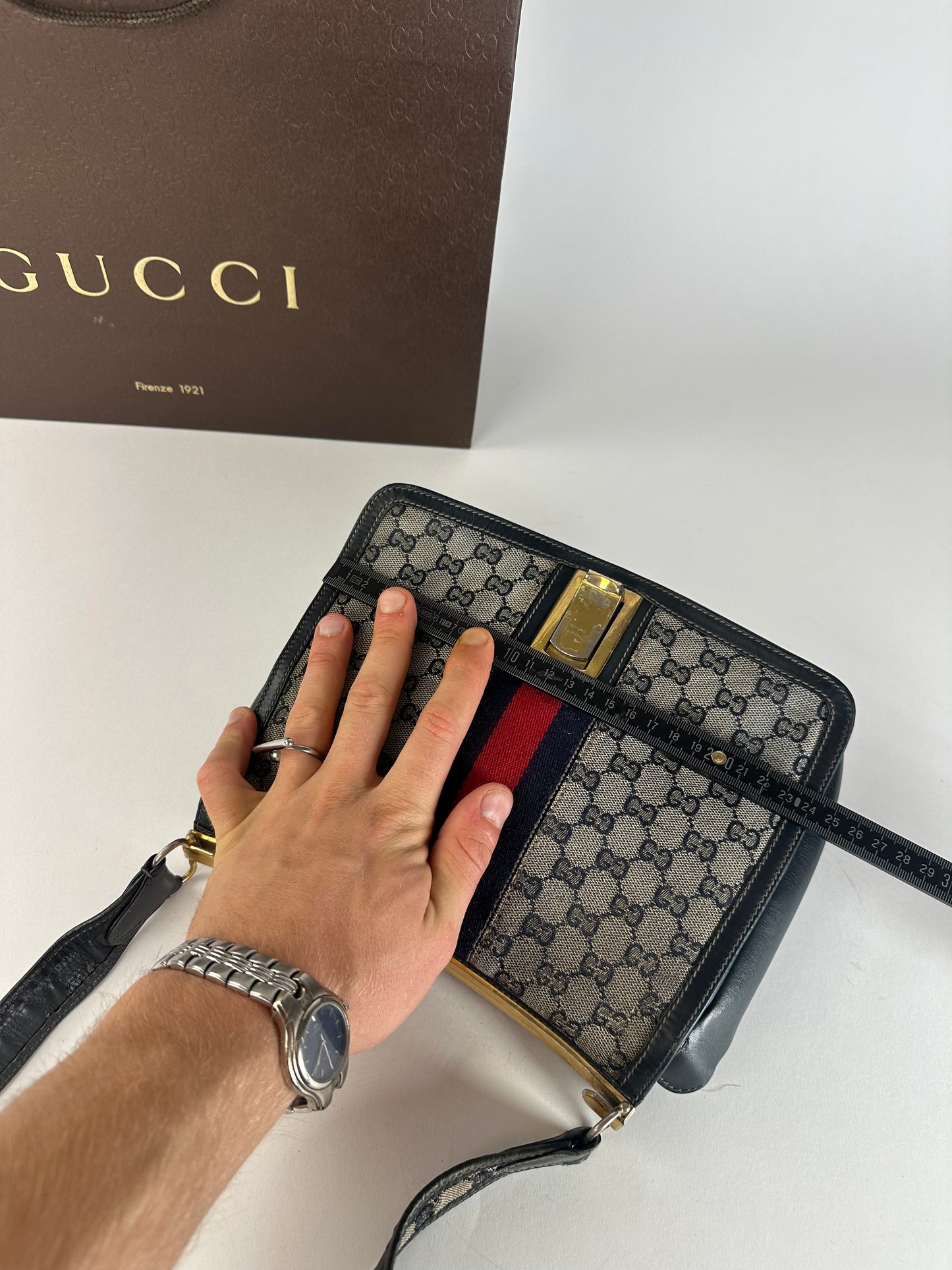 Vintage 80s Gucci Monogram Shoulder Bag Navy Grey