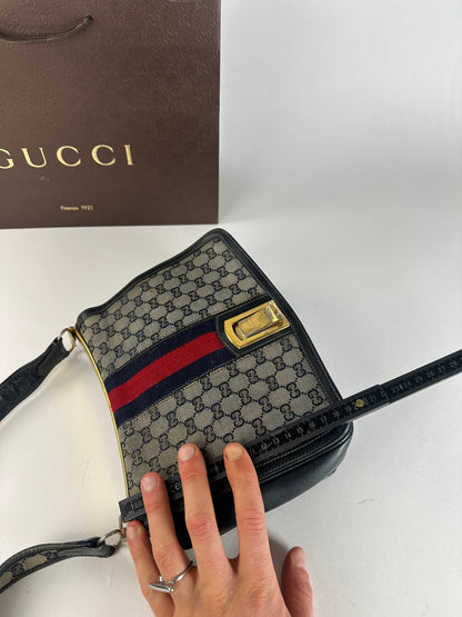 Vintage 80s Gucci Monogram Shoulder Bag Navy Grey