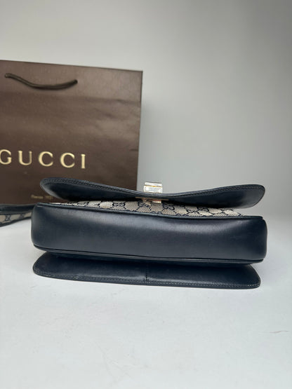 Vintage 80s Gucci Monogram Shoulder Bag Navy Grey