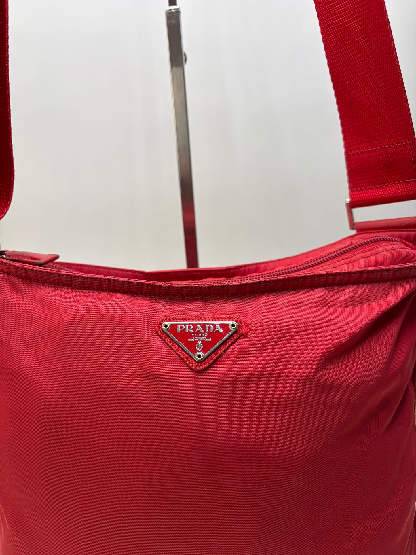 Vintage Prada Nylon Shoulder Bag Red Silver