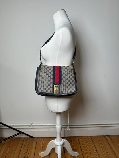 Vintage 80s Gucci Monogram Shoulder Bag Navy Grey