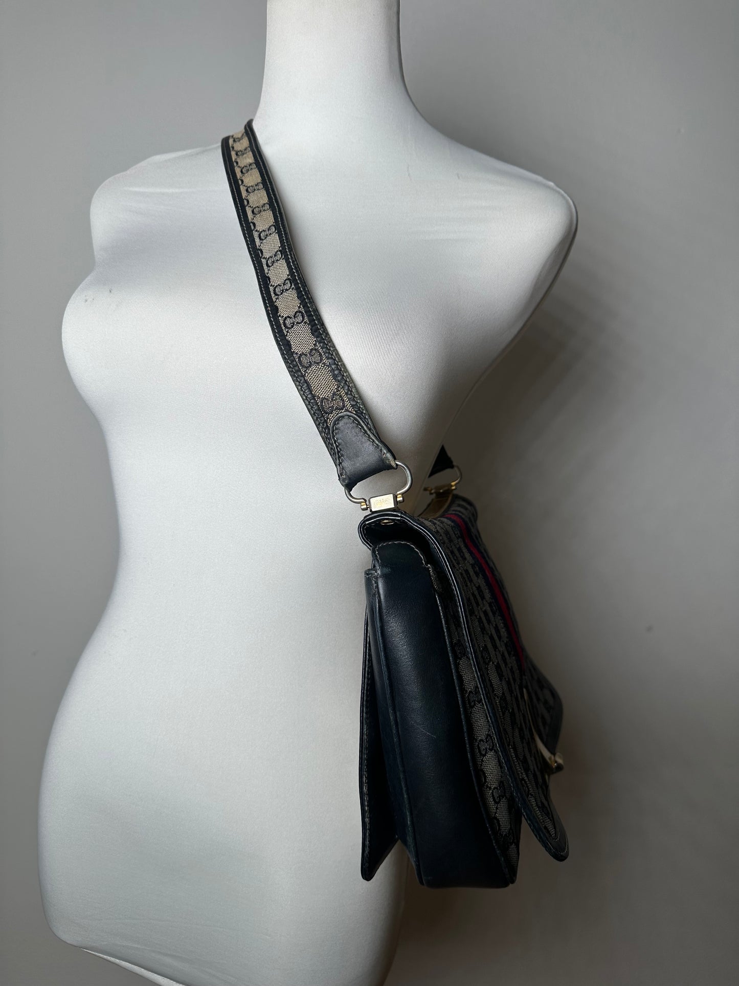 Vintage 80s Gucci Monogram Shoulder Bag Navy Grey