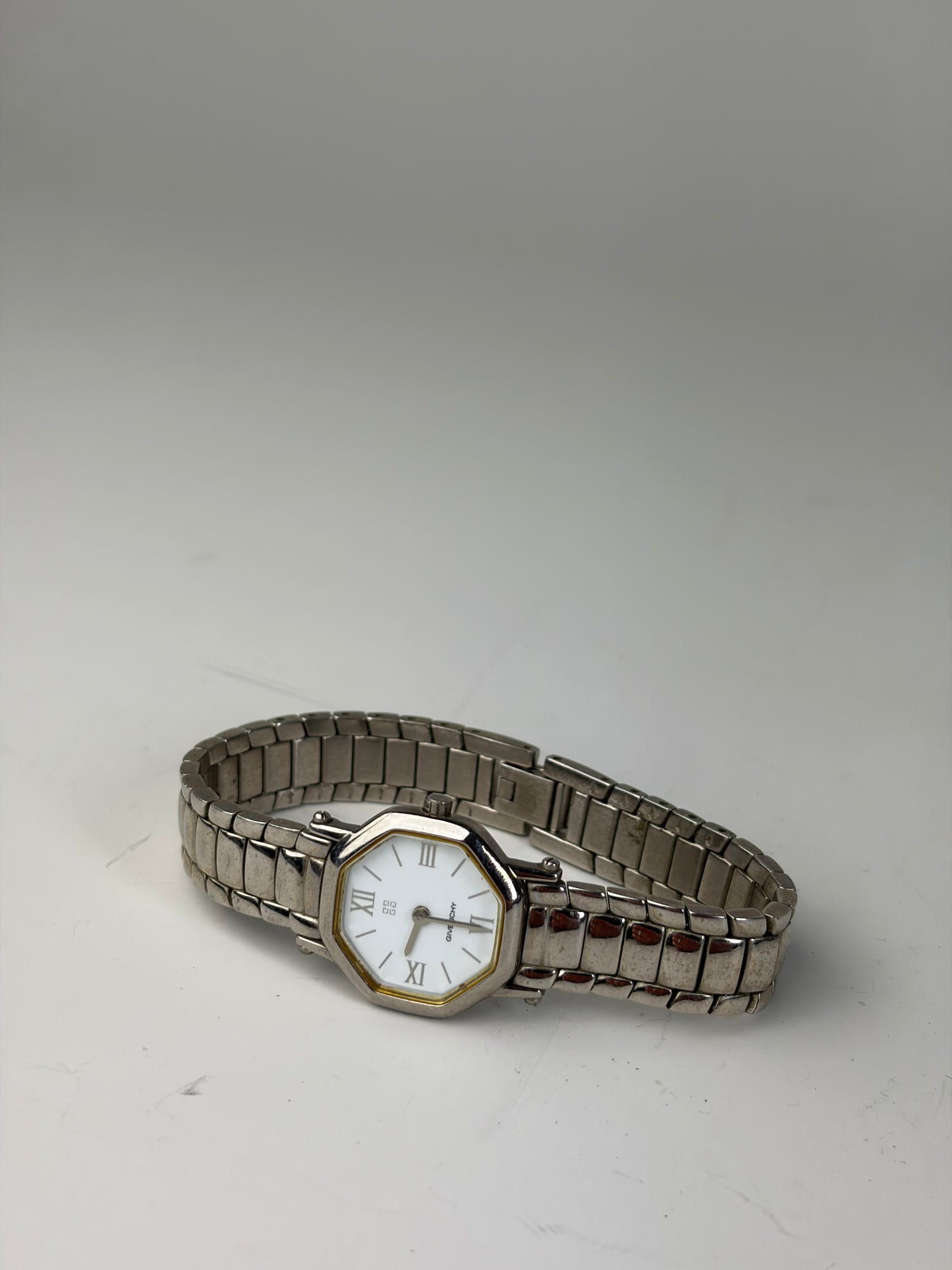 Vintage Givenchy Stainless Steel Bracelet Watch Silver White