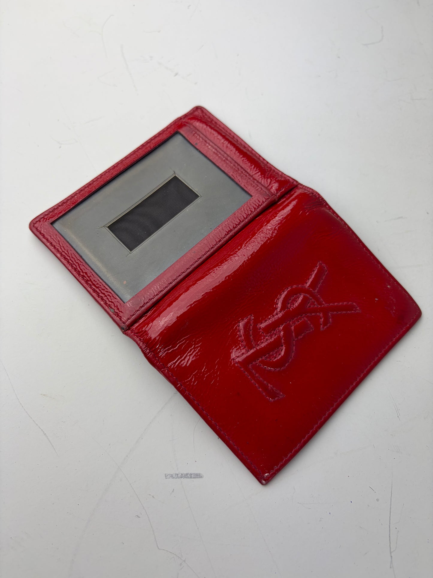 Vintage Yves Saint Laurent Glossy Leather Card Holder Red Silver