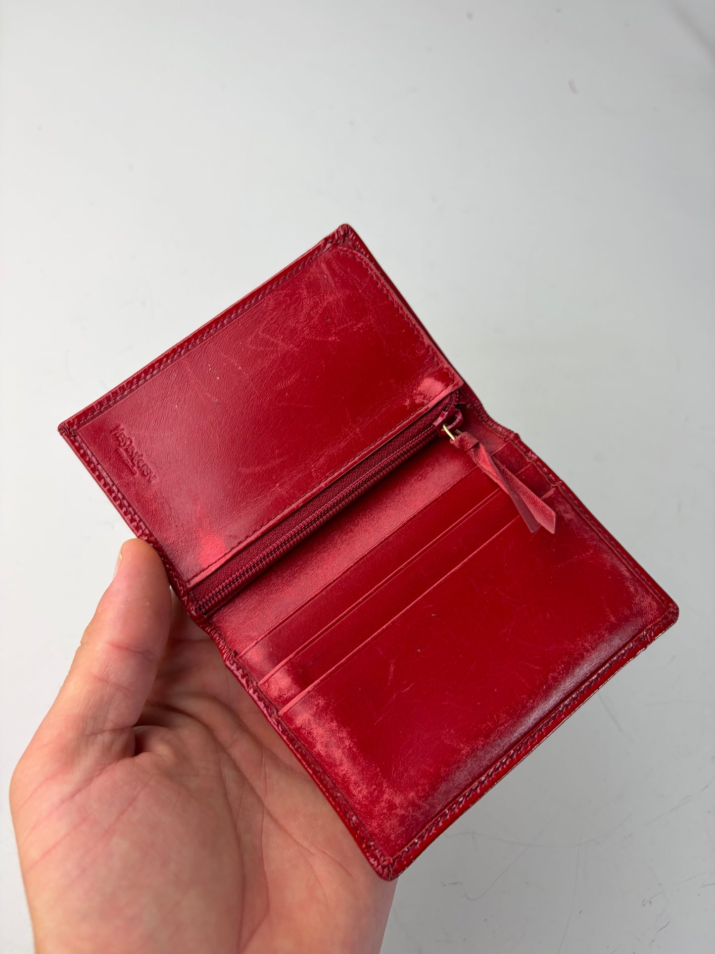 Vintage Yves Saint Laurent Glossy Leather Card Holder Red Silver