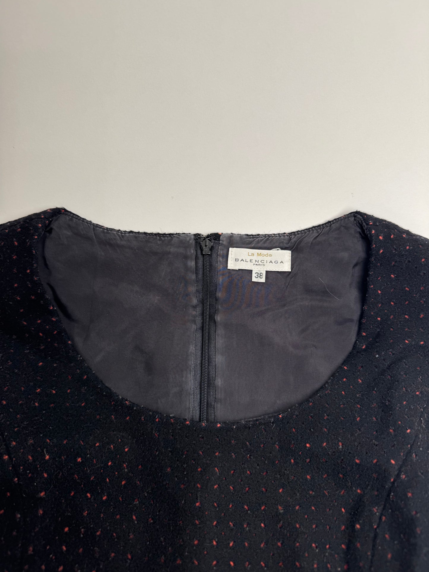 Vintage Balenciaga Polkadot Wool Dress Black Red 38/M