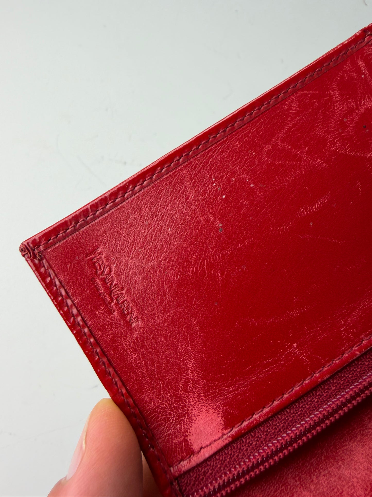 Vintage Yves Saint Laurent Glossy Leather Card Holder Red Silver