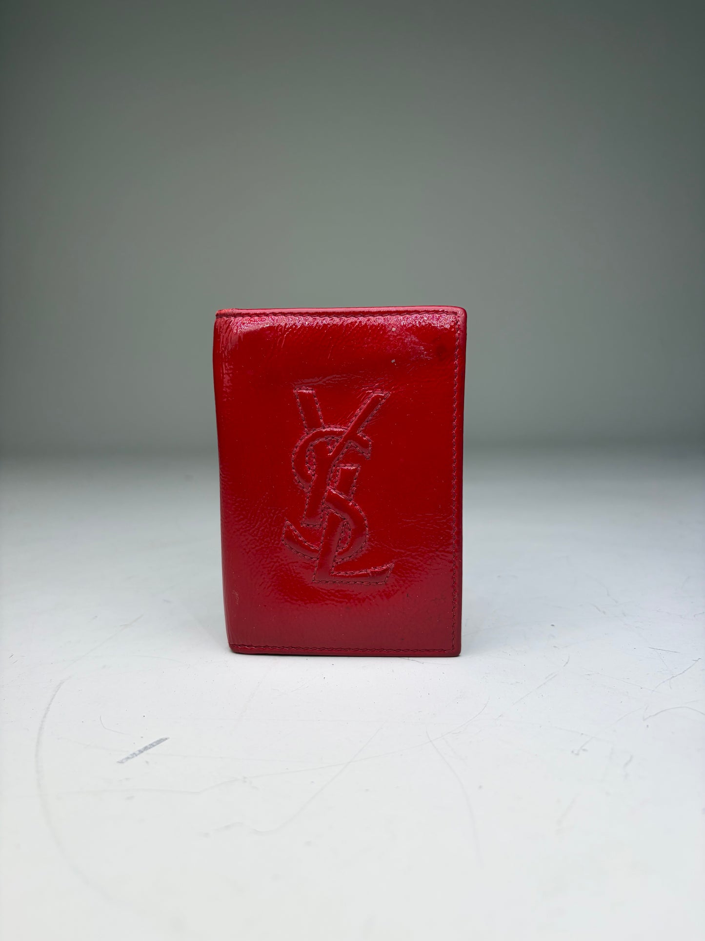 Vintage Yves Saint Laurent Glossy Leather Card Holder Red Silver