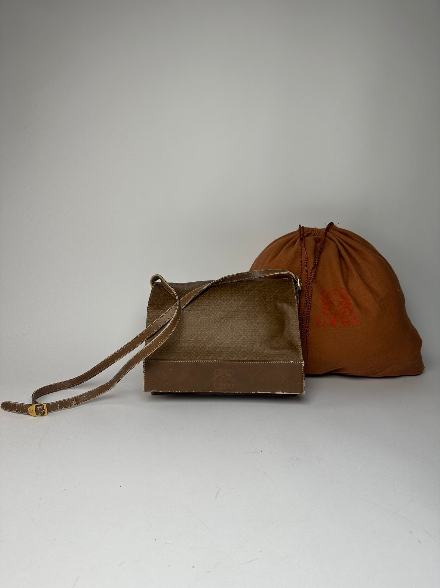 Vintage Loewe Madrid Leather Monogram Bag Camel Brown