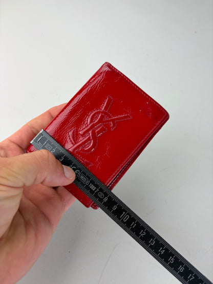 Vintage Yves Saint Laurent Glossy Leather Card Holder Red Silver