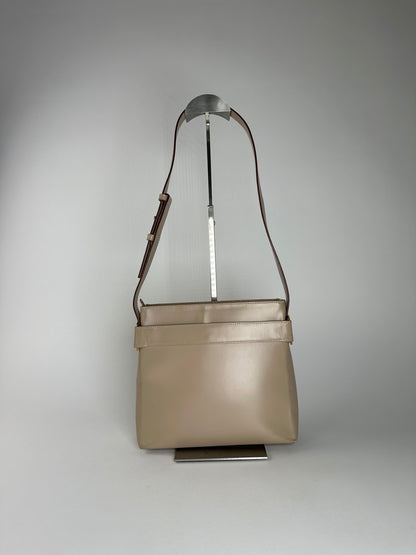 Vintage Ferragamo Grained Leather Shoulder Bag Beige Gold