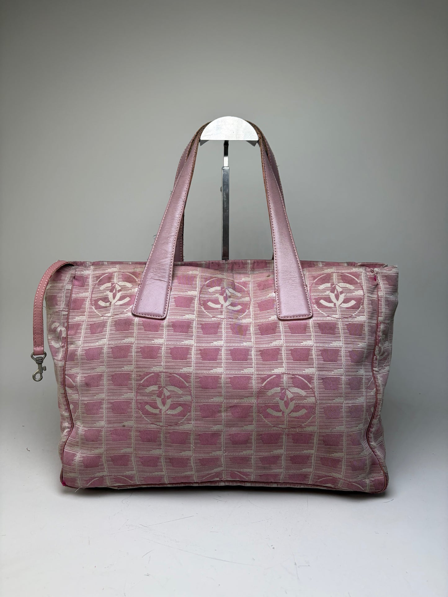 Vintage Chanel Canvas Tote Pink Beige Silver