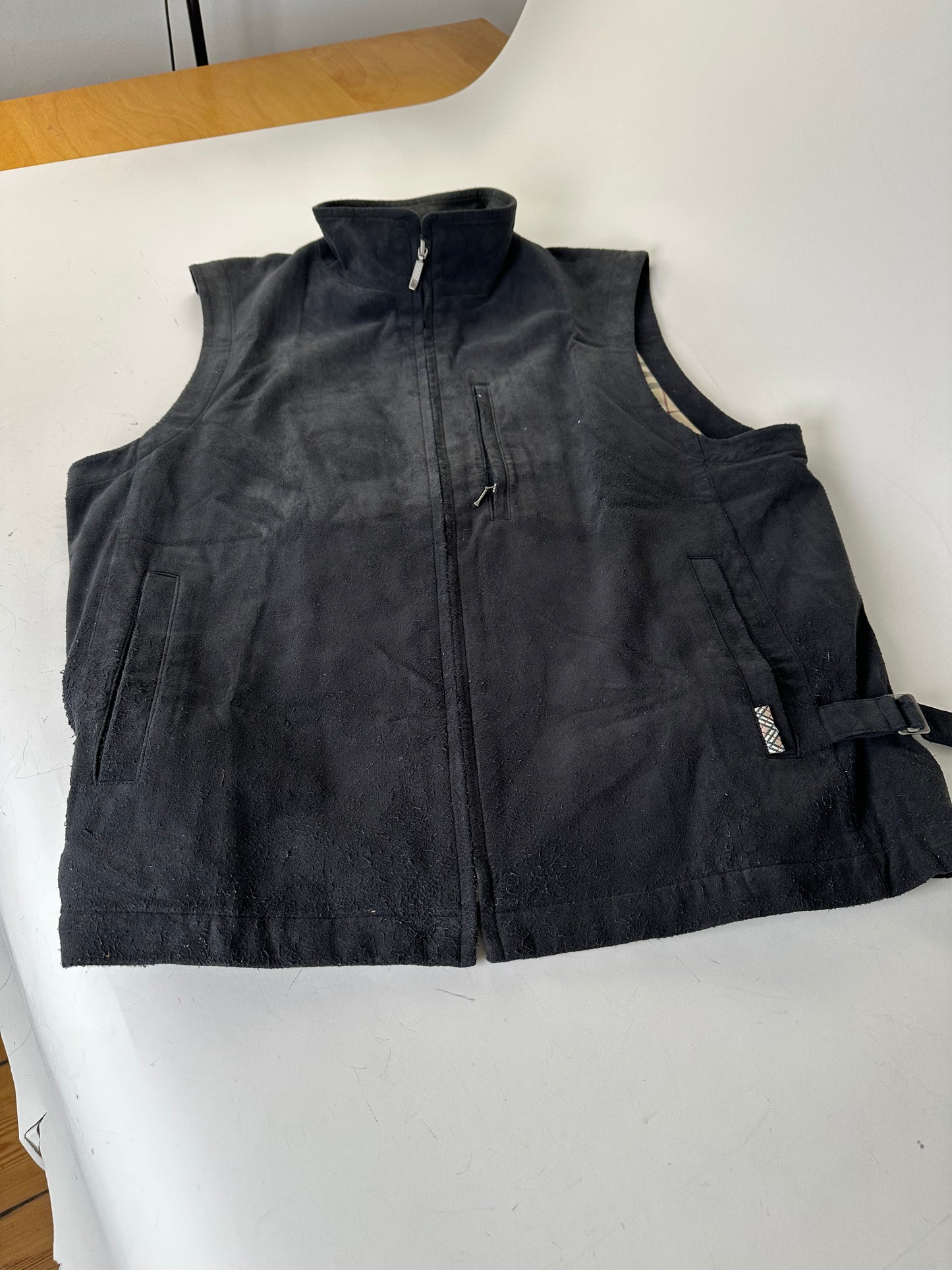 Vintage Burberry Men's Suede Vest Black Check Lining M
