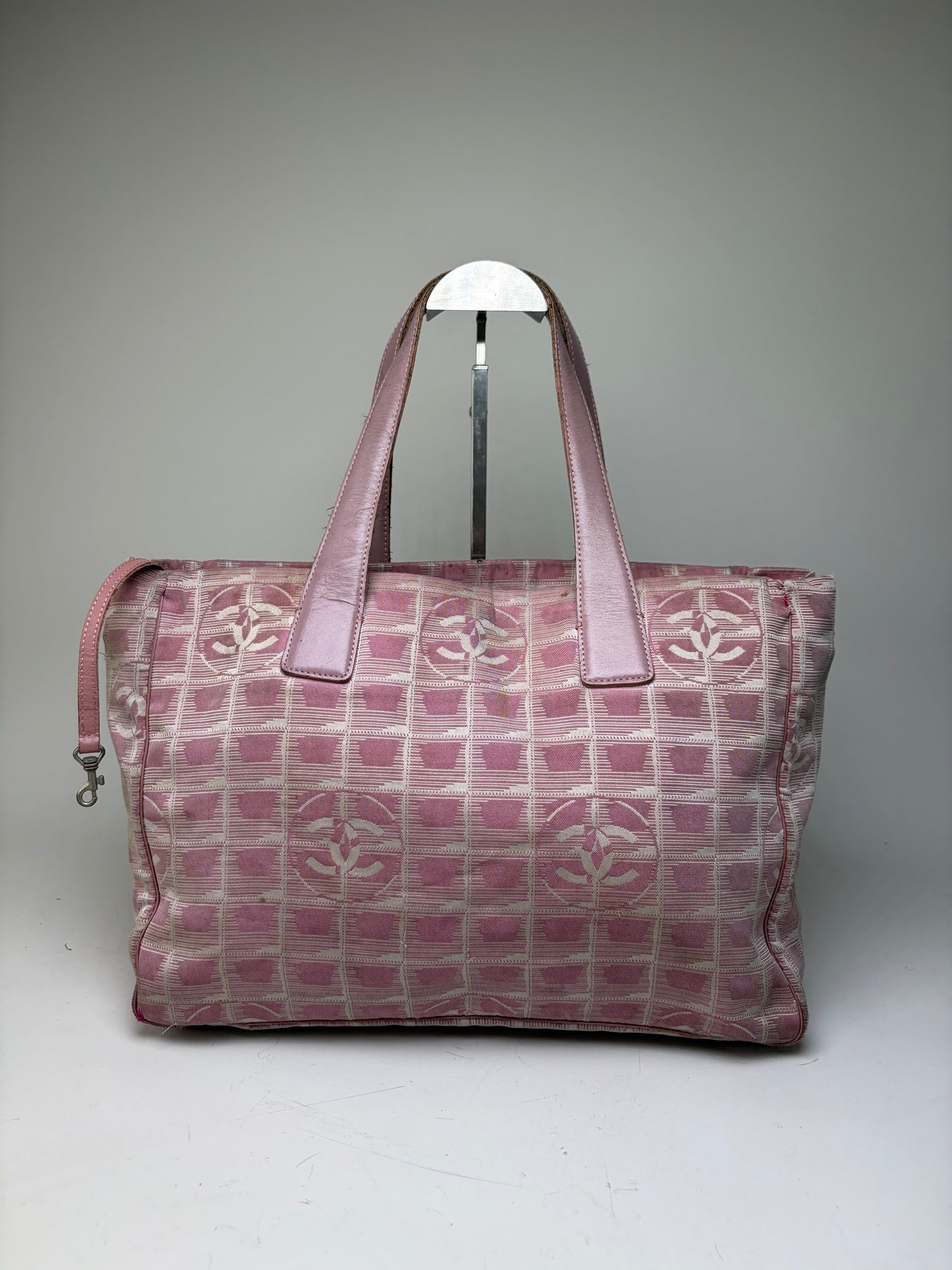 Vintage Chanel Canvas Tote Pink Beige Silver