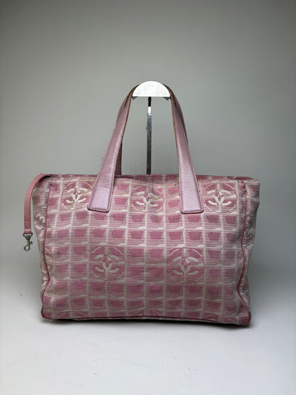 Vintage Chanel Canvas Tote Pink Beige Silver
