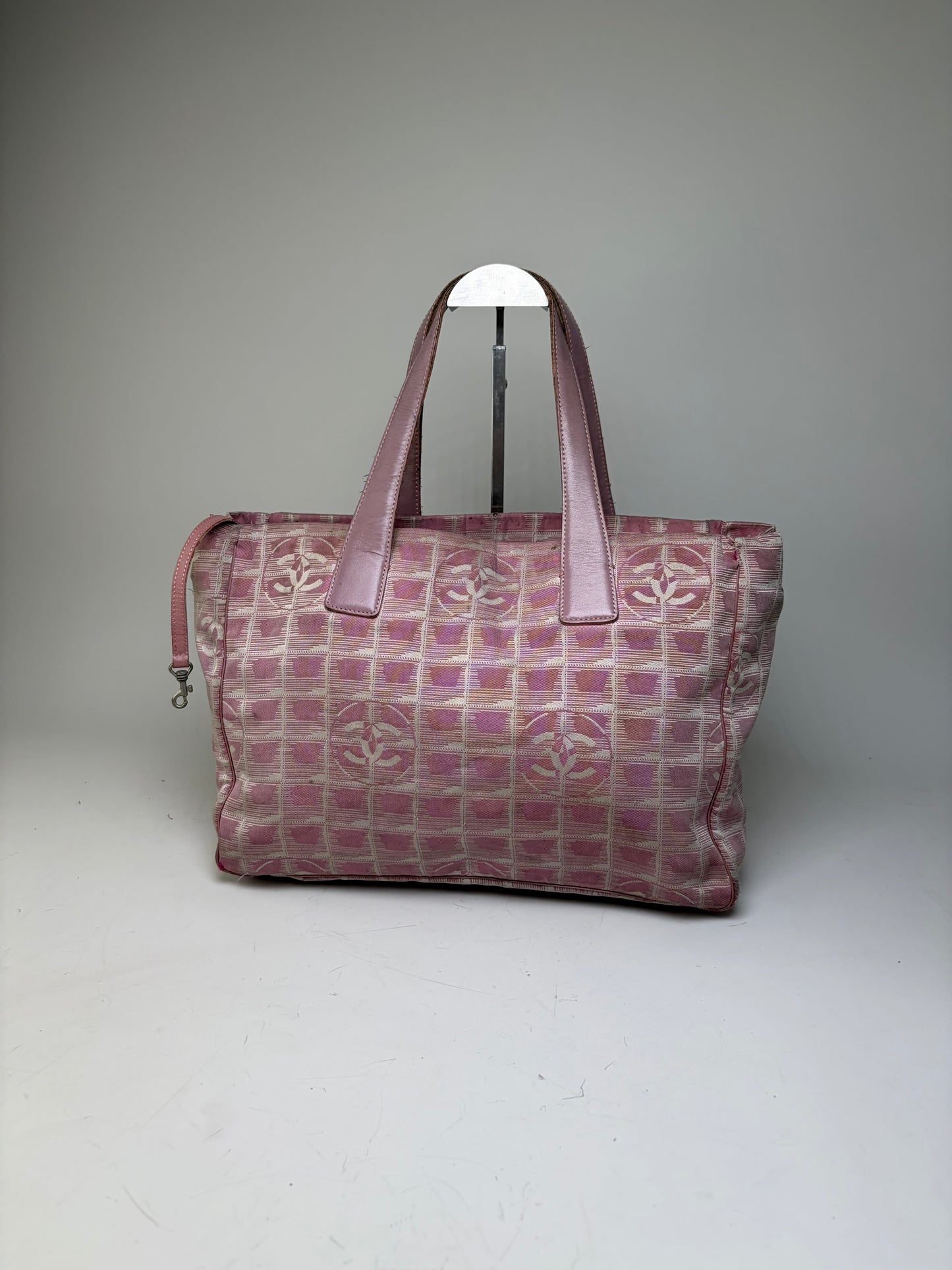 Vintage Chanel Canvas Tote Pink Beige Silver