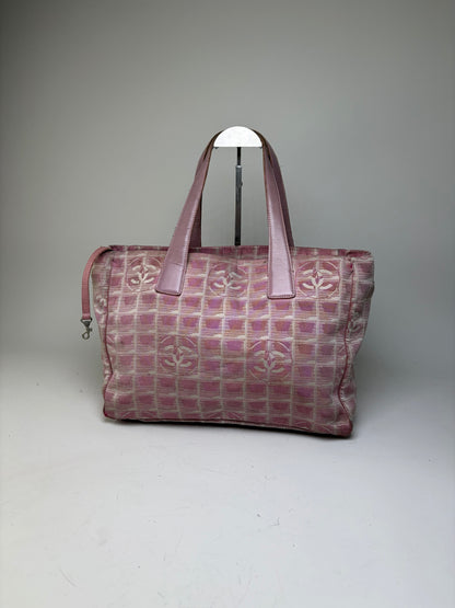 Vintage Chanel Canvas Tote Pink Beige Silver