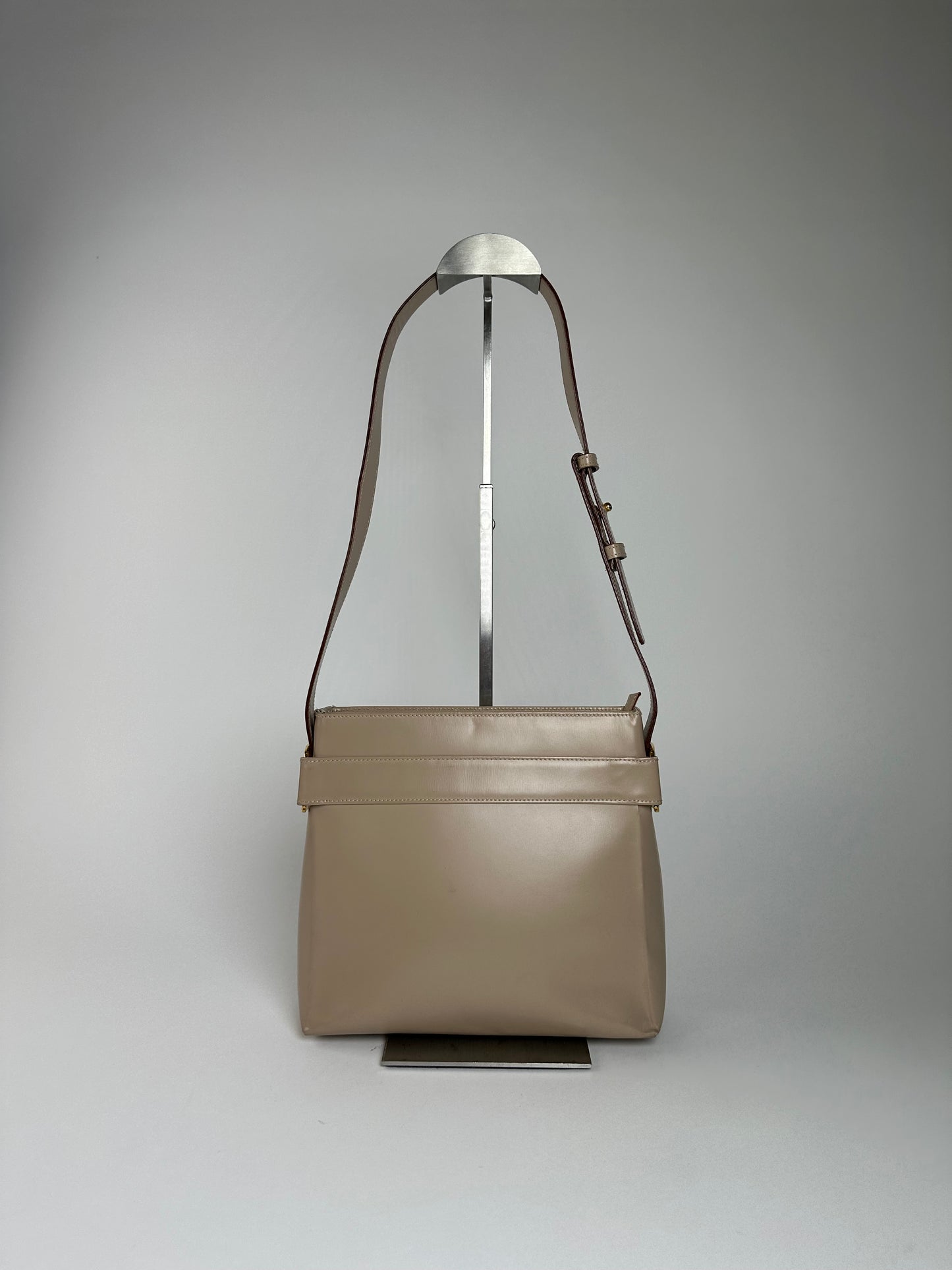 Vintage Ferragamo Grained Leather Shoulder Bag Beige Gold