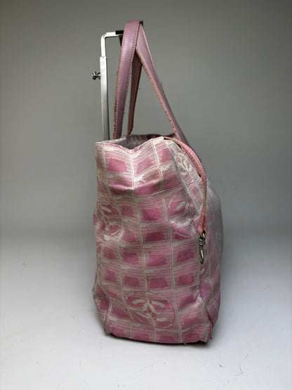 Vintage Chanel Canvas Tote Pink Beige Silver
