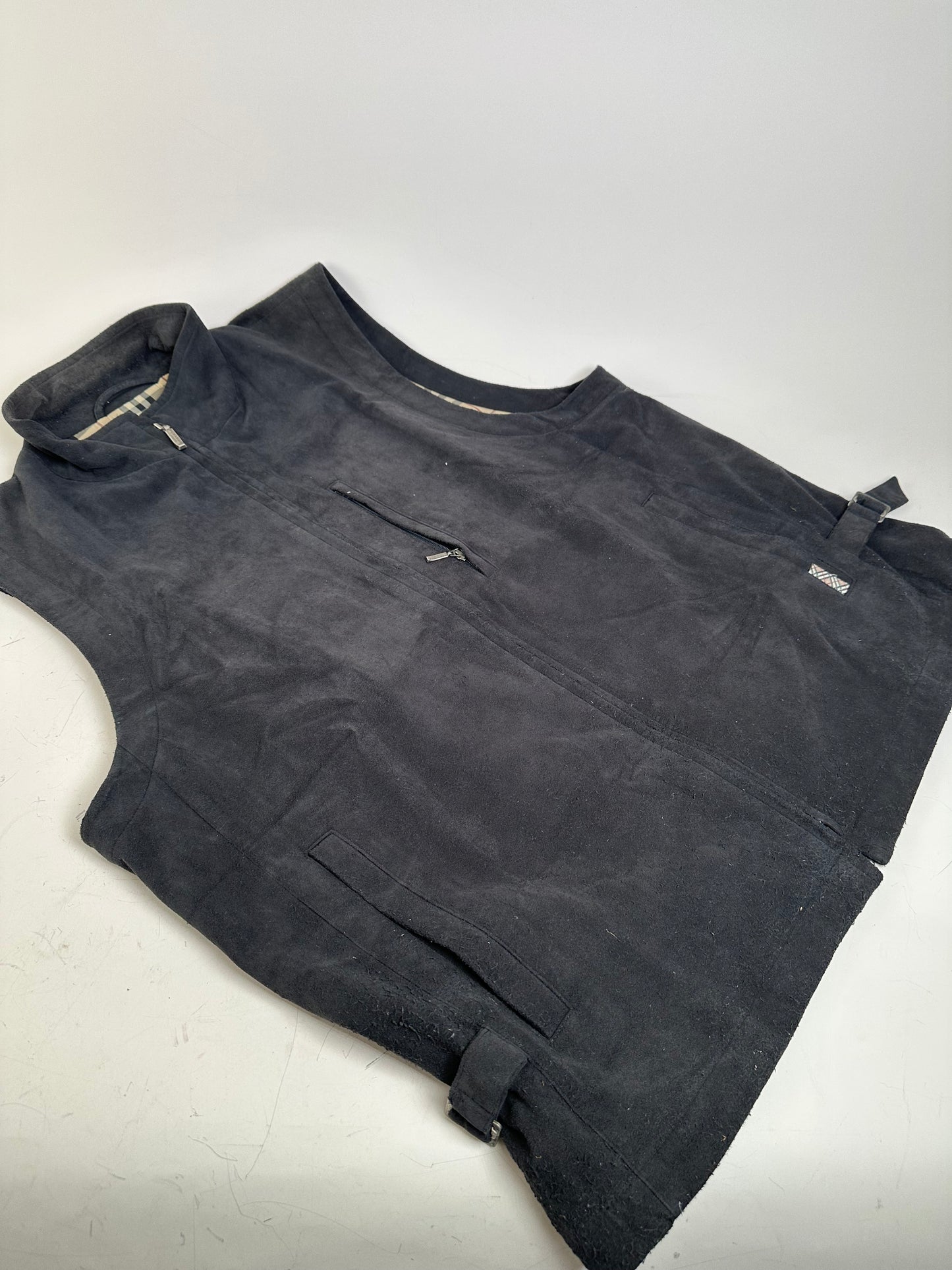 Vintage Burberry Men's Suede Vest Black Check Lining M