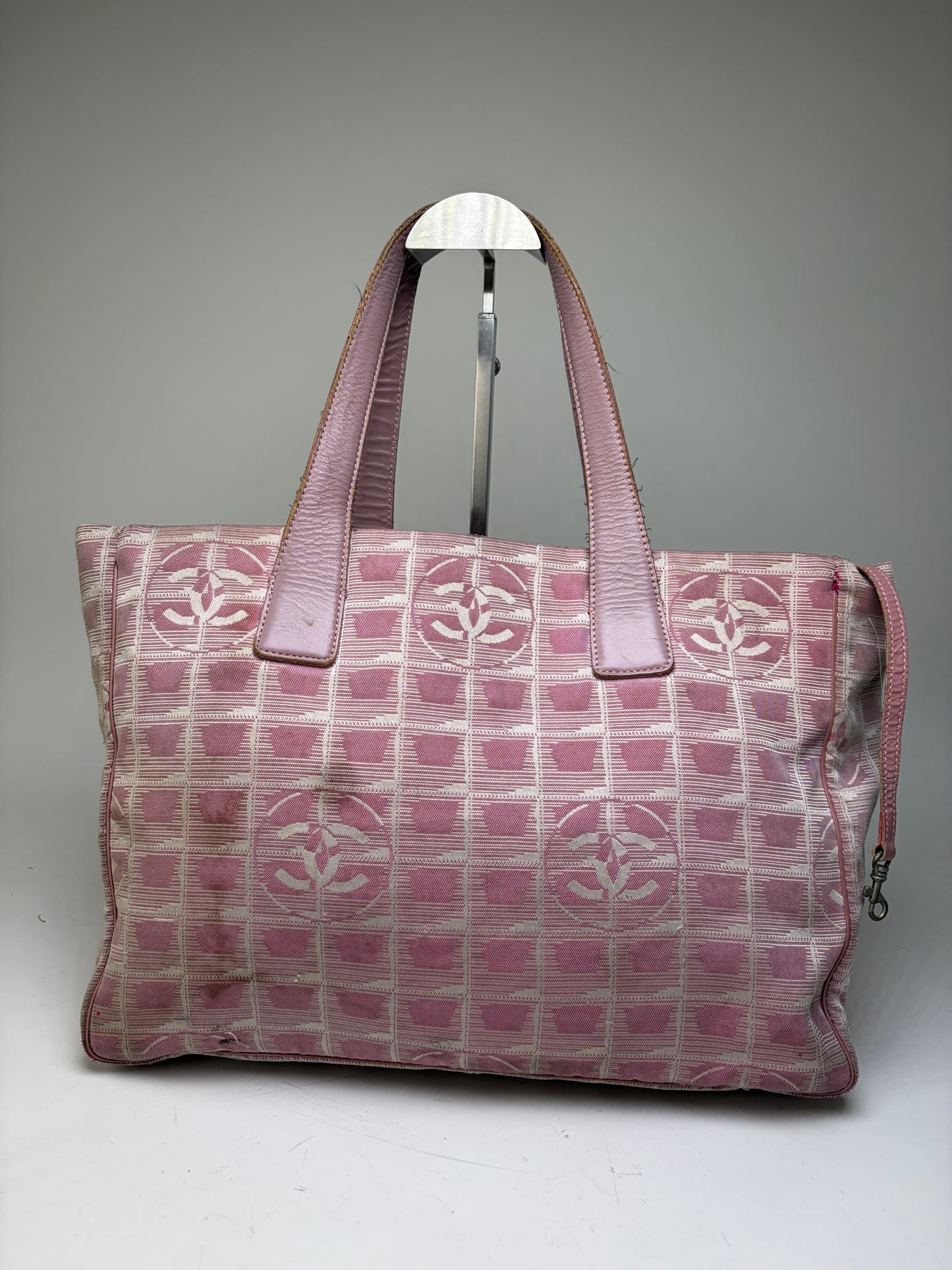 Vintage Chanel Canvas Tote Pink Beige Silver